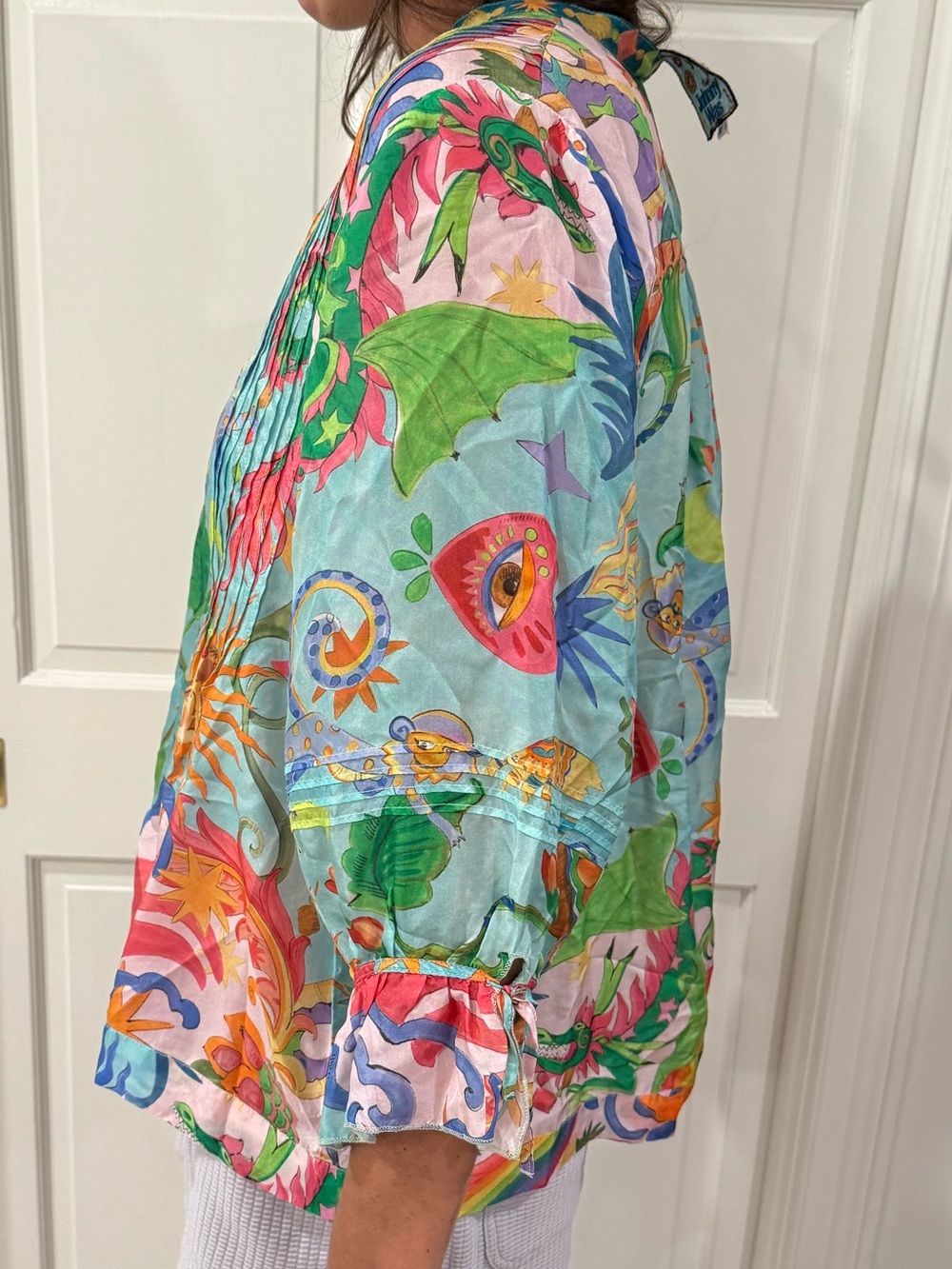 Johnny Was Multicolor Sun & Floral Print Button Blouse — Sky Blue Base - Picture 2 of 4